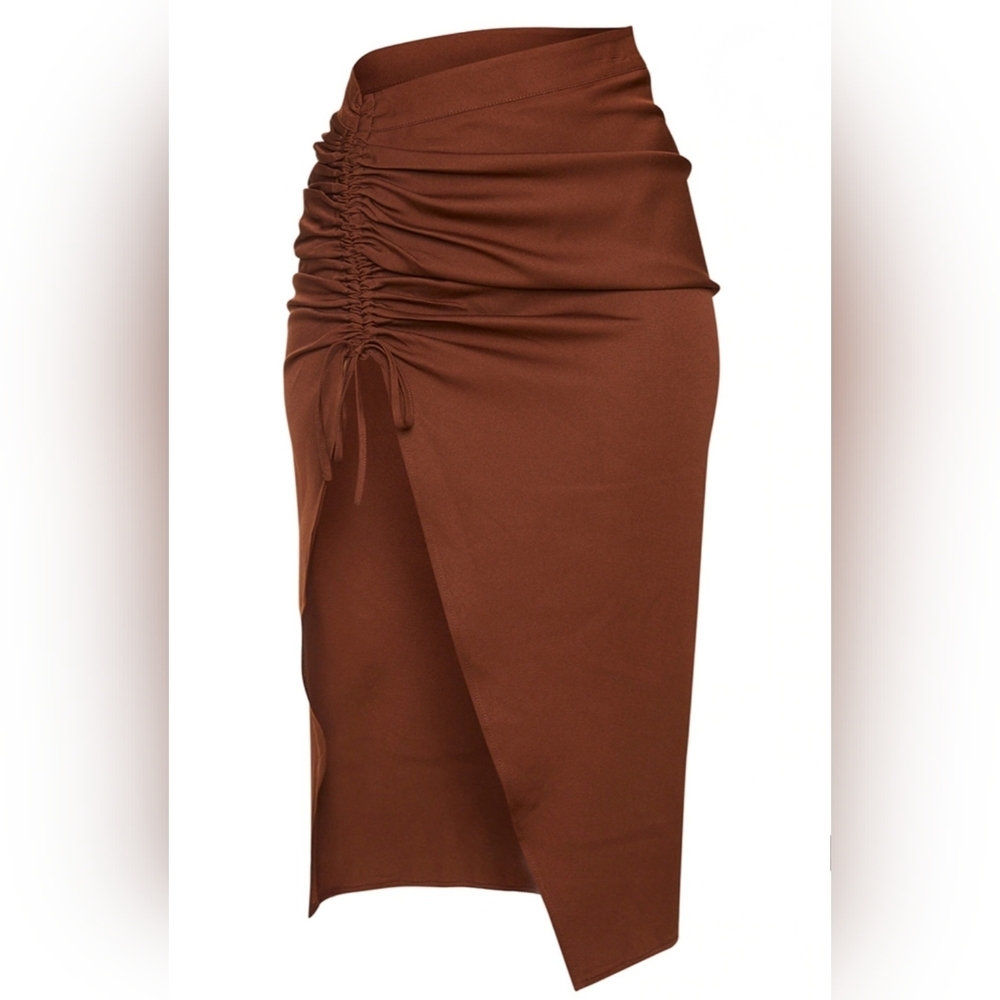 Prettylittlething Chocolate Woven Ruched Thigh Reveal Midi Skirt Size 8 Grunge